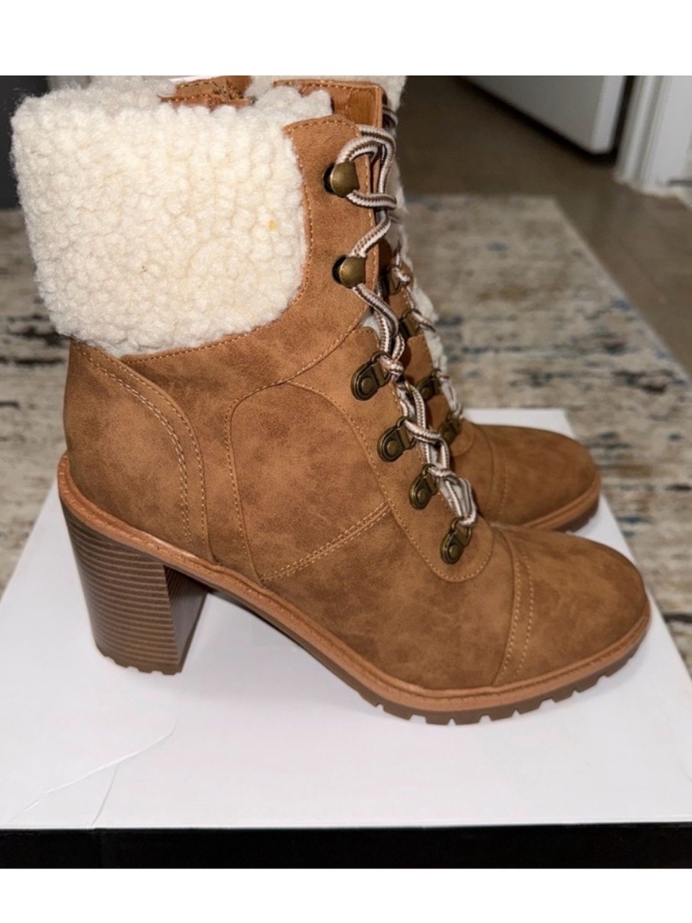 Nine West Brown Lace-Up Faux Suede Sherpa Boots - Picture 2 of 9
